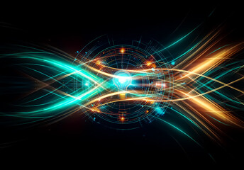 Aufkleber - A bright light bulb shines at the center, encircled by luminous rings and radiating lines against a dark backdrop.  It evokes a sense of innovation and technological advancement with vibrant blue and 
