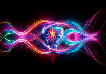 Aufkleber - Illuminated light bulb with a circuit board inside, brightly glowing in neon hues against a dark backdrop, symbolizing innovation and digital concepts.
