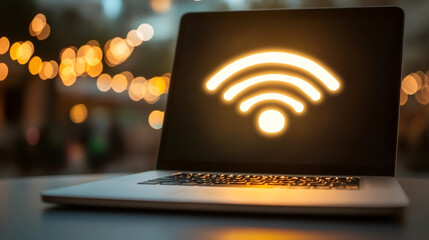 Aufkleber - Luminous wifi icon lighting laptop display, soft bokeh background creating ethereal wireless connectivity visual