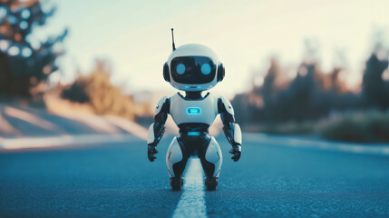 Aufkleber - Robotic humanoid walking along empty highway, representing advanced AI innovation with minimalist black-white design