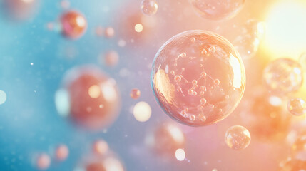 Poster - Molecule structure inside transparent bubble floating with other bubbles on gradient background with light reflections