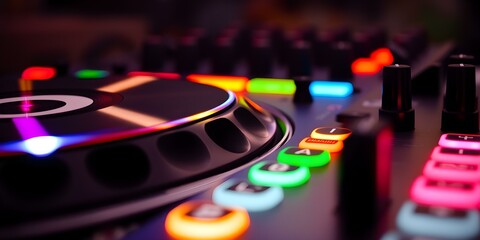 DJ Mixer: A close-up shot captures the vibrant and modern design of a DJ mixer, its array of illuminated controls and intricate details hinting at the artistry and technology of music creation.
