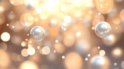 Abstract background with shiny spheres and bokeh lights.