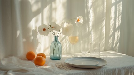 A serene minimalist dining scene with an empty plate, blue bottle, two glasses, oranges, white poppies, cutlery, and a delicate hand reaching for a fork, bathed in soft sunlight and gentle shadows.