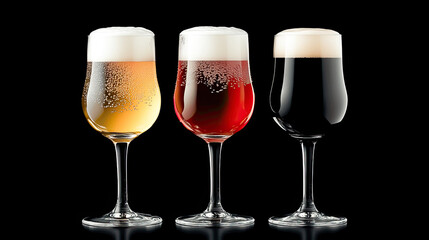 Different types of beer served in elegant glasses showcasing color, texture, and foam on a dark background. Generative AI