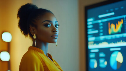 Leinwandbilder - Young black woman analyzing financial data displayed on a digital screen, working late in a modern office