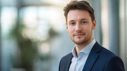 Wall Mural - Confident young manager posing in a modern corporate lobby, exuding professionalism and success with a warm smile and stylish attire