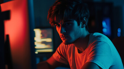 Leinwandbilder - Young man concentrating on his computer screen, illuminated by colorful neon lights, creating a futuristic atmosphere