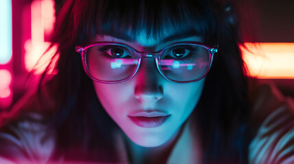 Aufkleber - Close-up portrait of a programmer wearing augmented reality glasses reflecting neon lights, showcasing futuristic technology and innovation