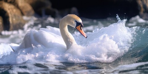 Canvas Print - White swan swimming in water