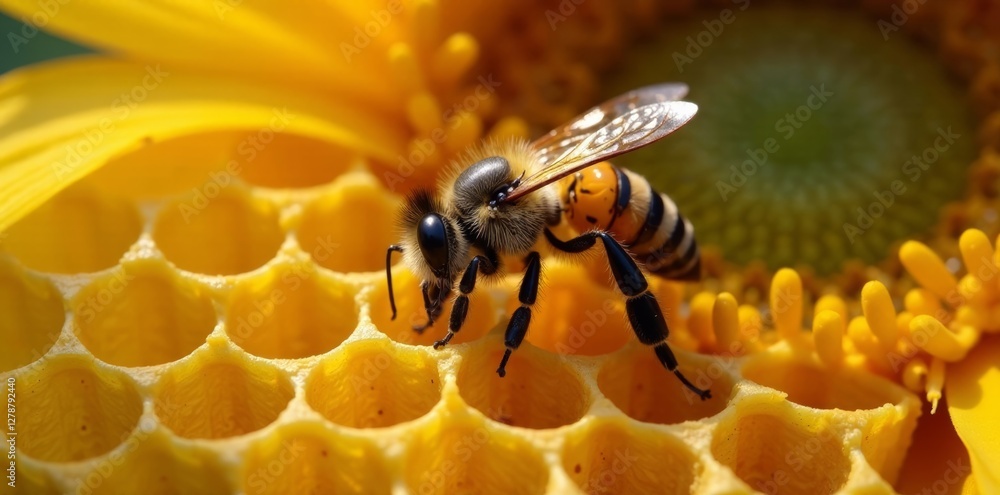 Apis mellifera queen with worker bees surrounding her in a honeycomb ...