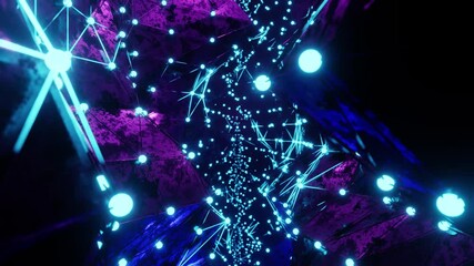 3D render animation of tunnel with blue geometric neon illumination