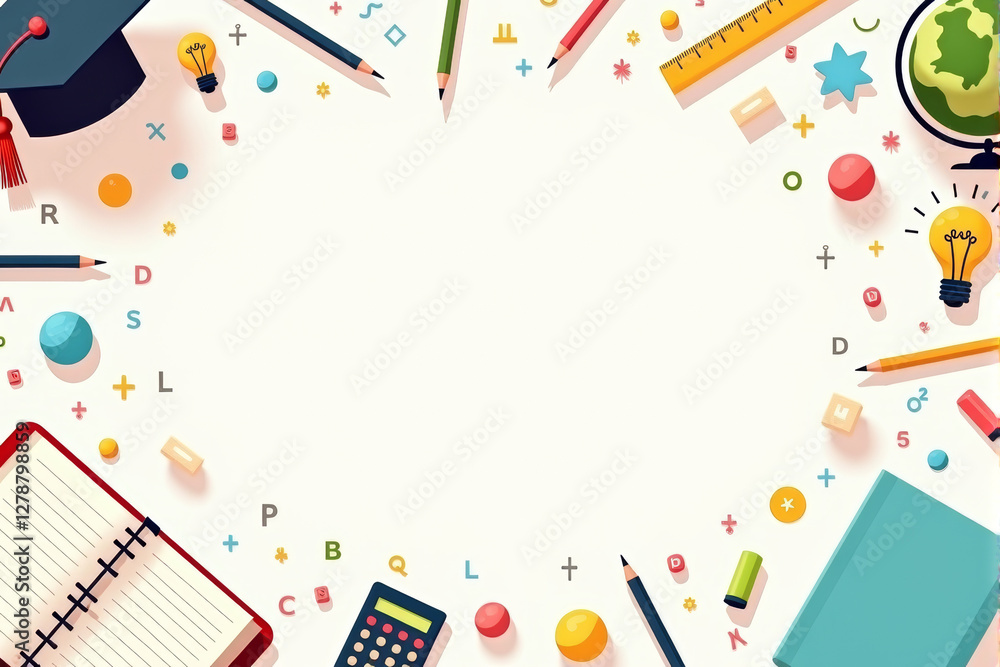 An education-themed background illustration featuring colorful graphics of classrooms, textbooks, and writing tools in a lively design...