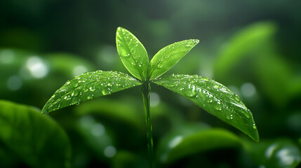 Wall Mural - A close-up image of a vibrant green plant with dew-covered leaves, symbolizing freshness, growth, and nature