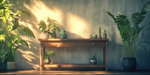 Wall Mural - Wooden Table with Potted Plants