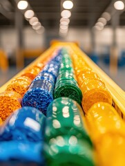 Leinwandbilder - Contemporary Industrial Recycling Aesthetic Colorful Plastic Beads on Conveyor Belt - Sustainable Waste Management Visual for Eco-Focused Manufacturing and Green Innovation Insights