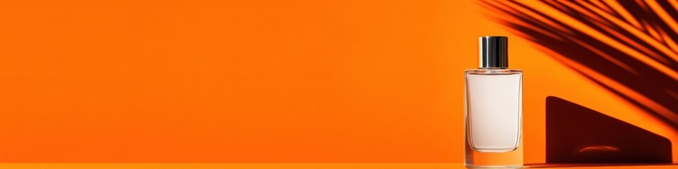 Poster - Sunlit Minimalist Skincare Display Glass Bottle with Leaf Shadows on Vibrant Orange Background - Modern Beauty Marketing and Natural Ingredient Storytelling