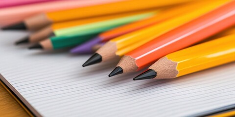 Aufkleber - Minimalist Study Aesthetic Vibrant Colored Pencils on Open Notebook with Natural Wood Texture - Creative Learning and Educational Content for Modern Classroom Engagement