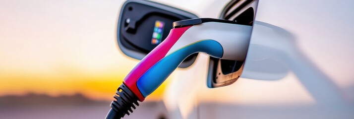 Poster - Bright Tech Infusion Vibrant Electric Car Charger in Sleek Metallic Port - Sustainability Focus for Modern Automotive Innovation and Energy Efficiency in Eco-Friendly Transportation Solutions