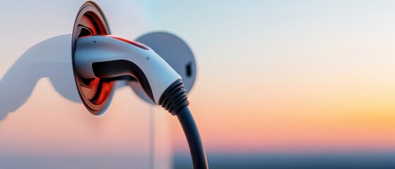 Poster - Contemporary Urban Electric Mobility Sleek Charging Connector Against Sunset Sky - Sustainable Infrastructure for Zero-Emission Transport Solutions
