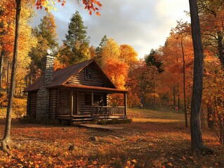 Canvas Print - Forest Cabin Fall Foliage