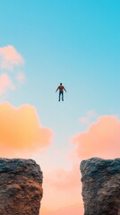 Aufkleber - Silhouette Leaping Across Cliffs in Vibrant Sunset Sky Achievement and Progress Visuals for Professional Business Presentations and Motivational Branding