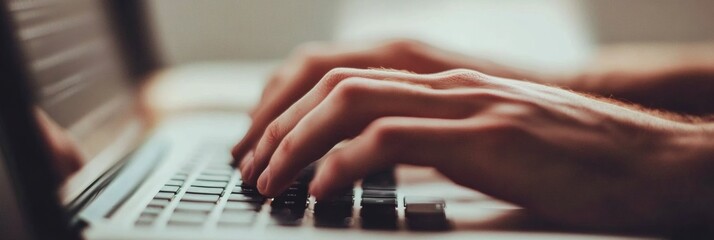 Poster - Contemporary Workspace Efficiency Textured Hands Typing on Sleek Laptop with Minimalist Desk Setup - Business Productivity and Digital Workflow Solutions for Modern Professionals