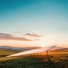 Poster - Golden Hour Solar Panels Modern Rural Landscape with Glossy Structures - Renewable Energy Imagery and Eco-Friendly Business Innovation for a Cleaner Future