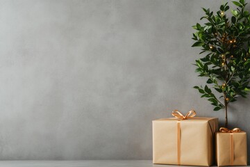 Fototapete - Minimalist Seasonal Decor Eco-friendly Faux Evergreen with Kraft Paper Gifts - Contemporary Holiday Content and Sustainable Retail Display Idea