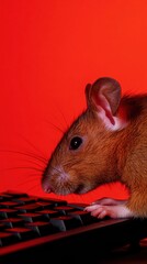 Aufkleber - Vibrant Rodent Study Inquisitive Rat with Keyboard on Bold Background - Cognitive Pet Content and Education in Modern Design