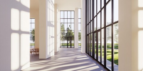 Leinwandbilder - Open Layout Sunlit Office Contemporary Minimalist Workspace with Tall Windows and Natural Light - Business Innovation and Productivity Enhancement in Modern Architectural Design