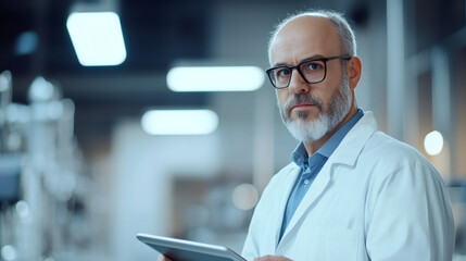 Aufkleber - Portrait of a confident mature industrial specialist holding digital tablet computer and controlling machines in high tech factory