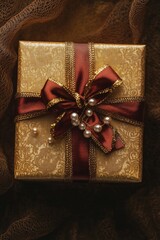 Poster - Gold Gift Box with Ribbon and Pearls