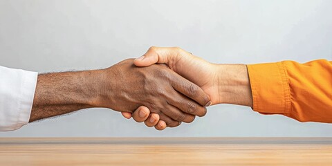 Fototapete - Optimized Partnership Inclusive Handshake on Smooth Wooden Surface - Professional Healthcare Collaboration and Diverse Corporate Communications Visual