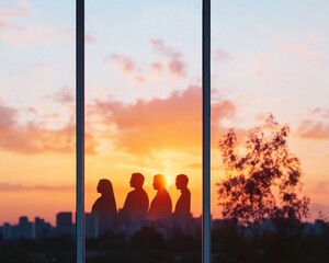 Poster - Contemporary Silhouette Collaboration Diverse Team Discussion Against Sunset Skyline - Strategic Business Content and Dynamic Networking Visualization