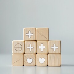 Poster - Minimalist Healthcare Icons Wooden Block Pyramid for Wellness Campaigns and Health InsuranceContemporary Visuals in Medical Marketing and Public Safety Education
