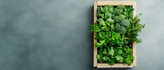 Fototapete - Minimalist Market Display Fresh Greens in Wooden Crate on Rustic Surface - Sustainable Agricultural Content for Farm-to-Table Retail and Eco-Focused Marketing