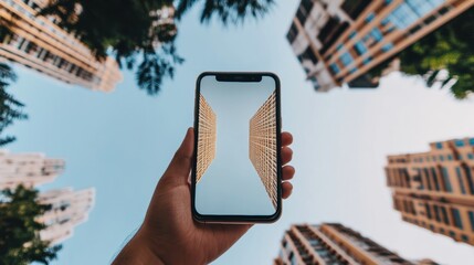 Poster - Minimalist Urban Smartphone Visual Sleek Glass Facade Display Against Modern Skyscrapers - Digital Connectivity and Lifestyle Mockup for Tech Marketing and Urban Branding