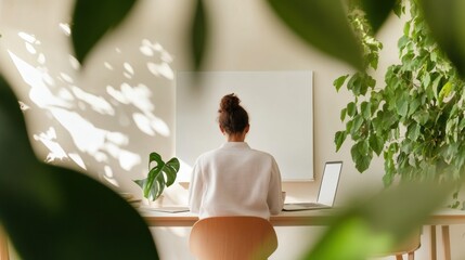 Poster - Minimalist Green Workspace Young Professional at Whiteboard with Laptop and Plants - Innovative Knowledge Sharing and Eco-Friendly Business Growth
