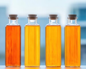 Poster - Contemporary Marine Chemistry Display Gradient Glass Bottles with Vivid Liquid - Innovative Scientific Branding and Analytical Research Aesthetics