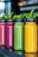 Poster - Vibrant Smoothie Bottle Display Colorful Glass Bottles with Mint on Ice - Healthy Beverage Content for Restaurant Menus and Wellness Influencer Marketing