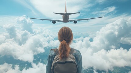 Wall Mural - A woman gazes upward at a plane soaring through the sky, capturing a moment of wonder and travel aspirations in this aerial perspective.