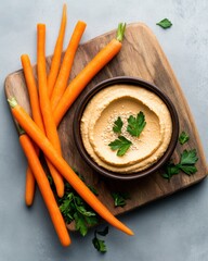 Poster - Rustic Chic Snack Display Fresh Carrot Sticks with Creamy Hummus on Wooden Board - Clean Eating and Plant-Based Lifestyle Content for Modern Wellness Marketing