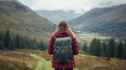 Wall Mural - A woman with a backpack gazes thoughtfully over a vast, scenic valley, embodying adventure and exploration in nature's beauty.