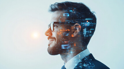 Aufkleber - Side view portrait of smiling businessman wearing eyeglasses with digital hologram of computer code representing artificial intelligence and machine learning