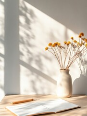 Poster - Scandinavian Workspace Aesthetic Minimalist Wooden Desk with Ceramic Vase and Dried Flowers - Content Creation and Thoughtful Remote Office Design for Creative Professionals