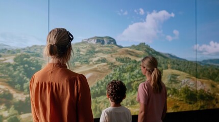 Aufkleber - Immersive Digital Experience Family Engaged in Virtual Scenic Landscape Tour on Large LED Screen Enhancing Tourism and Educational Tech for Interactive Learning