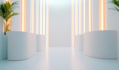 Aufkleber - Minimalist Healthcare Facility Interior Modern White Reception with Vertical LED Panels - Enhanced Patient Experience and Efficient Queue Management in Medical Environments