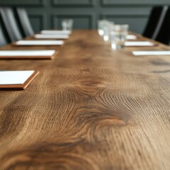 Leinwandbilder - Natural Wood Boardroom Surface Executive Graph Meeting with Leather Accessories - Modern Business Strategy and Corporate Performance Planning