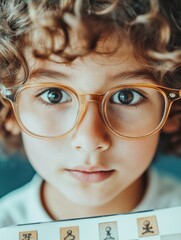 Aufkleber - Modern Curly-Haired Child with Clear Eyewear and Learning Board Vibrant Visual Language Aesthetics for Educational Marketing and Child Cognitive Development